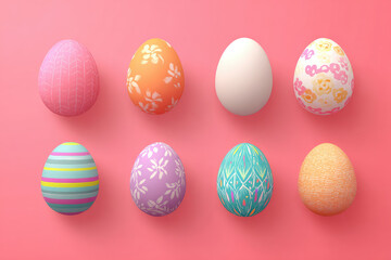 Fototapeta premium Easter eggs isolated on pink background. For greeting card, promotion, poster, flyer, web-banner, article. 