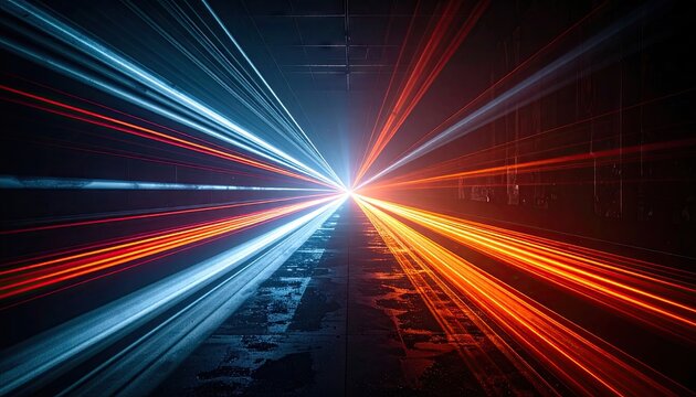 Abstract Futuristic Light Trails Converging with Blue and Red Glowing Streaks on Dark Background in Dynamic Perspective Creates Powerful Visual Effect