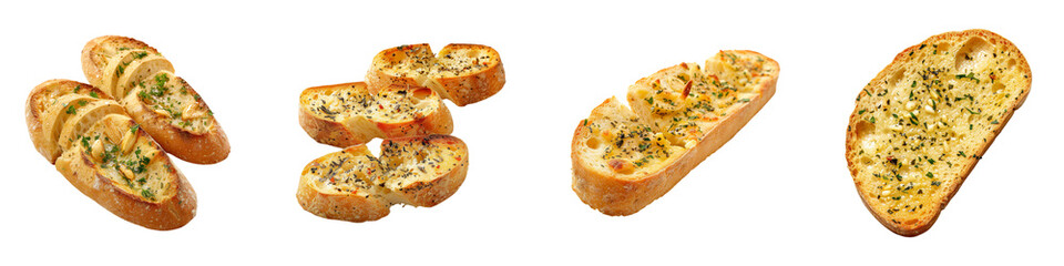 Garlic bread variations with herbs, cheese, rich savory toppings ready to eat