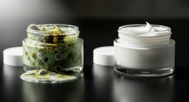 Moldy skincare cream vs fresh jar on black background