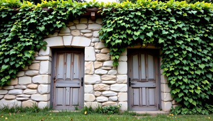 Rustic Stone Building with Ivy and Wooden Doors