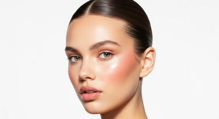 Obraz premium Female caucasian young adult with glossy skin and pink blush
