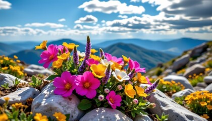 Colorful Wildflowers Amid Rocky Mountain