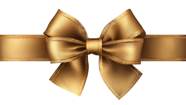 Luxurious golden satin ribbon tied in a bow with decorative stitched edges isolate