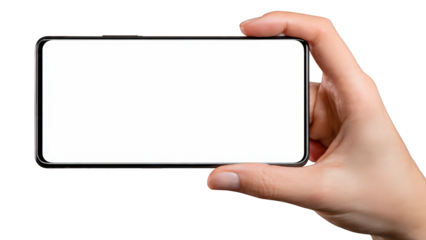 Hand holding a smartphone with a blank white screen isolated on black Mobile Phone transparent background