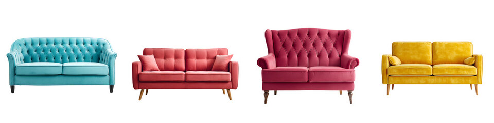 Fototapeta premium Velvet Sofas: Modern Furniture in Teal, Coral, Magenta, Yellow