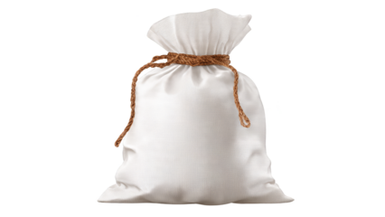 White drawstring pouch made of textured fabric tied with braided rope isolate