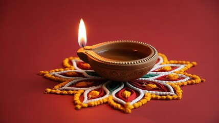 Traditional Diya Lamp on Red Background for Diwali Festival. made with generative Ai
