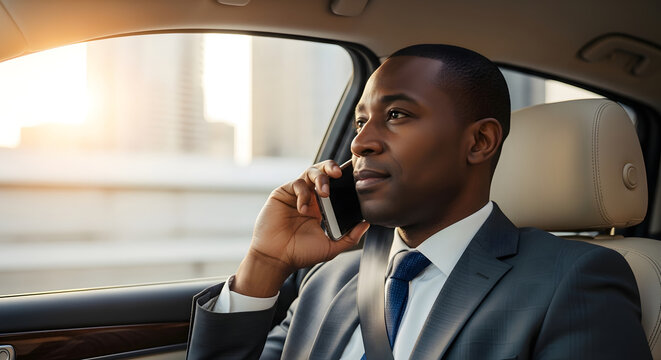 Professional African American man making a business call in a car - Powered by Adobe