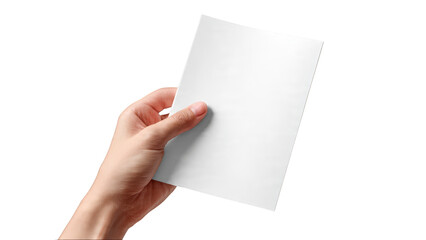 Obraz premium Human hand holding a blank white paper card isolated on black perfect isolate transparent background