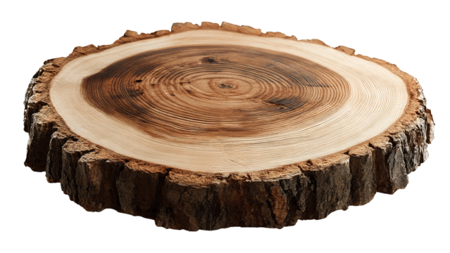 Close up view of a natural wood slice showing concentric growth rings and rough bark texture isolate