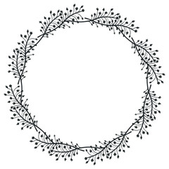 Hand drawn plants, dividers, wreaths, border frames. Circle floral frame with leaves on white background. Vector hand drawn illustration for wallpaper, posters, card. Copy space. Doodle style.