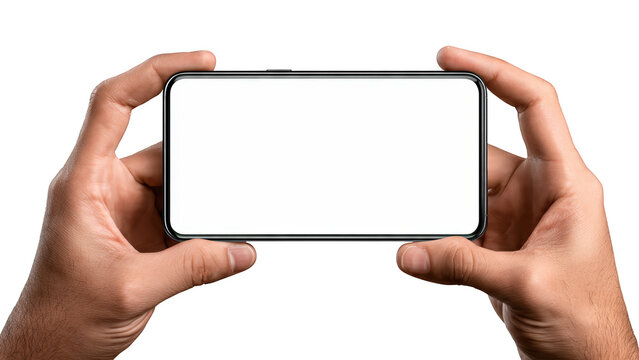 Two hands holding a modern smartphone horizontally with a blank white screen transparent background