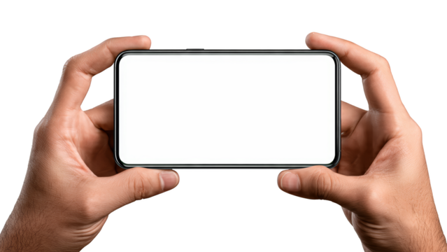 Two hands holding a modern smartphone horizontally with a blank white screen transparent background