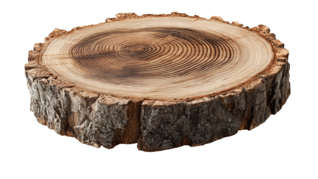 A close up view of a rough barked tree stump showing detailed growth rings transparent background