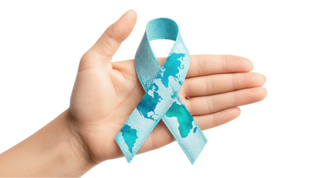 Hand Holding Teal Ribbon: World Cancer Day, Support, and Awareness