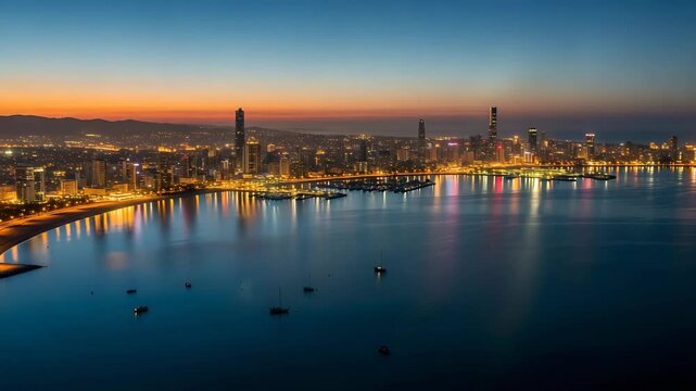 Benidorm skyline at night with illuminated buildings and calm sea