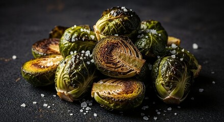 A pile of roasted Brussels sprouts with a golden crust and salt on a dark surface, great for side dish recipes, healthy eating guides, and rustic food styling.