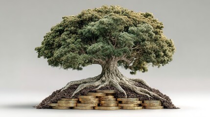 A Flourishing Green Tree Sprouting from a Base of Golden Coins. A Symbolic and Enchanting Visual of Nature's Prosperity.