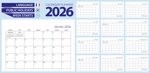 Naklejka na ściany i meble French calendar planner for 2026. French language, week starts from Sunday.