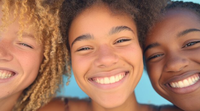 Three friends smiling together against a colorful background in broad daylight