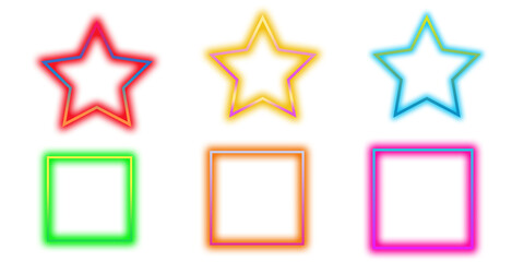 Colorful Neon Outline Stars and Squares Set, glitter - Bright Gradient Glowing Geometric Shapes on transparent Background, glow, ray .
