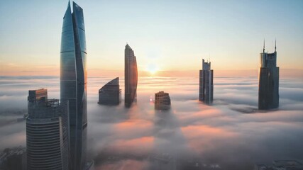 Aerial view of dubai skyscrapers emerging from the fog at sunrise cityscape travel destination tourism - Powered by Adobe
