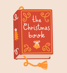 Cute Christmas book with red vintage cover. Vector cartoon illustration. Template for greeting card