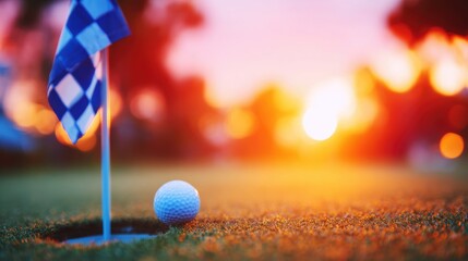 Golf ball near the hole with sunset in the background at the golf course