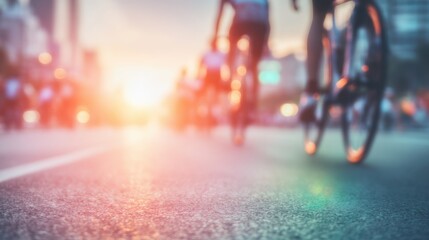 Cyclists ride down a city street at sunset during a community event