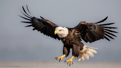 Baby bald eagle. Young bald eagle spreads wings to take flight, wingtips have motion blur, isolated on a simple, clean, light grey background, great for animal and flight themes.