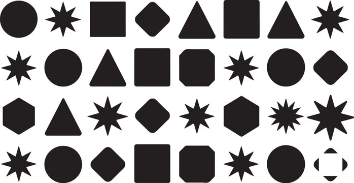 Collection of Black Geometric Shapes on White Background Arranged in a Pattern
