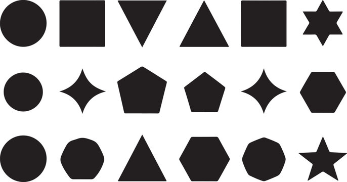 Black Geometric Shapes Arranged in Rows on a White Background