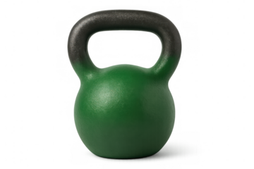 Green kettlebell with black handle for fitness, exercise, and physical workout on transparent background