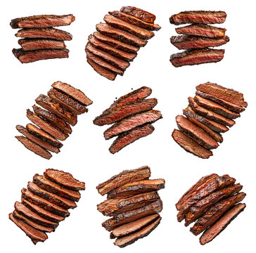 Juicy slices of grilled beef brisket arranged in a row. Well-cooked meat showing texture and char. Isolated on white transparent background. Concept of barbecue