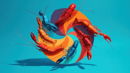 Dynamic Lobster Spiral - Vivid Red and Blue Crustaceans on Abstract Orange Swirl Against Teal Background.