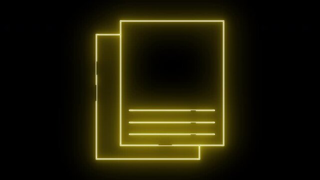 Neon yellow documents with lines stacked on a black background glowing effect