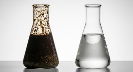 Contrasting beakers: dirty water and clean water in erlenmeyer flasks