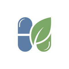 Natural supplement pill with plant leaf icon.