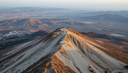 a large sand dune in a desert landscape, with a clear blue sky above. in the distance, a mountain range can be seen, adding depth to the scene