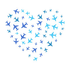 Blue airplanes around heart shape - vector illustration or banner