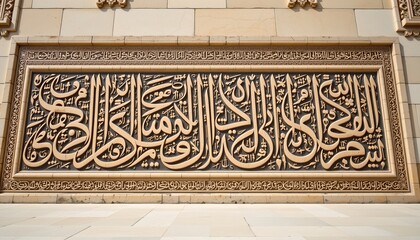 an architectural detail of an islamic building facade, featuring arabic script and decorative patterns