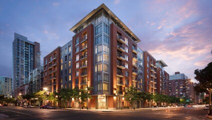 Obraz premium Modern urban apartment building facade illuminated at dusk with street lights