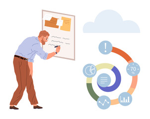 Man writing on whiteboard alongside infographic design with charts, graphs, and cloud element. Ideal for business, data analysis, teamwork, planning, cloud computing, productivity presentation