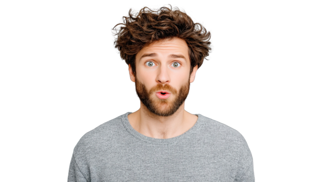Man With Curly Hair And Beard Showing Surprised Face With Wide Eyes And Open Mouth Wearing A Gray Textured Sweater Isolated On A Transparent Background Studio Portrait