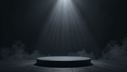 Black halloween background with smoke and spotlight. Dark podium stage backdrop for product placement mockup template 