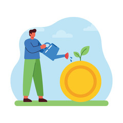 Man watering coin sprout for financial growth and investment success