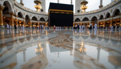 an indoor scene with a significant focus on a large, illuminated islamic prayer rug (mihrab) at the center of what appears to be a spacious room