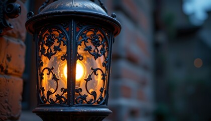 a rustic lantern with a glass frame and an intricate metal design is lit up on the side of a brick building, casting warm light onto the wall.
