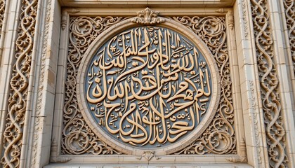 an intricately designed archway with religious text, situated within a building that appears to be constructed from brick